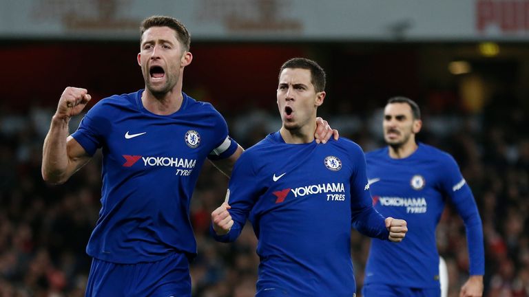 Eden Hazard celebrates with Gary Cahill after making it 1-1 at the Emirates Stadium