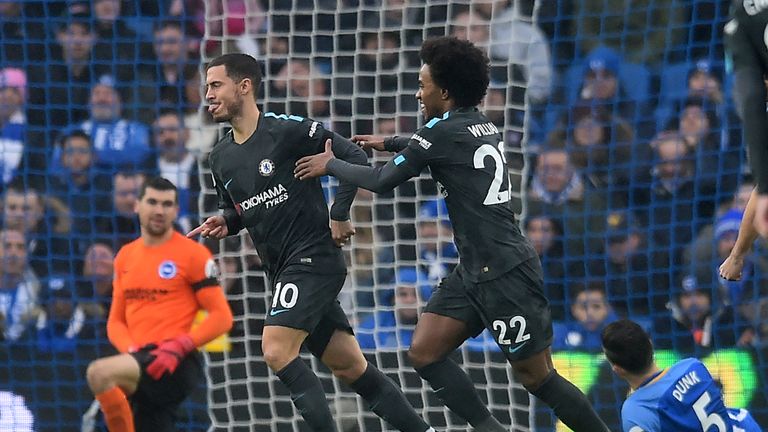 Eden Hazard celebrates with Willian after scoring the opening goal of the game