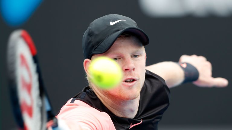 MELBOURNE, AUSTRALIA - JANUARY 15:  Kyle Edmund of Great Britain plays a forehand in his first round match against Kevin Anderson of South Africa on day on