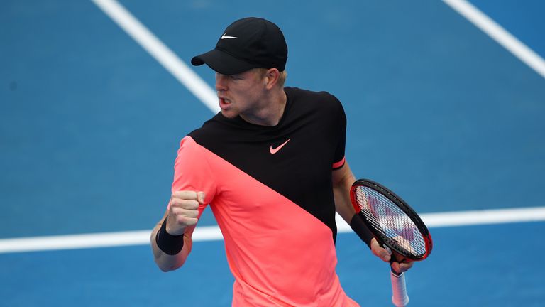 MELBOURNE, AUSTRALIA - JANUARY 15:  Kyle Edmund of Great Britain celebrates winning a point against Kevin Anderson of South Africa on day one of the 2018 A