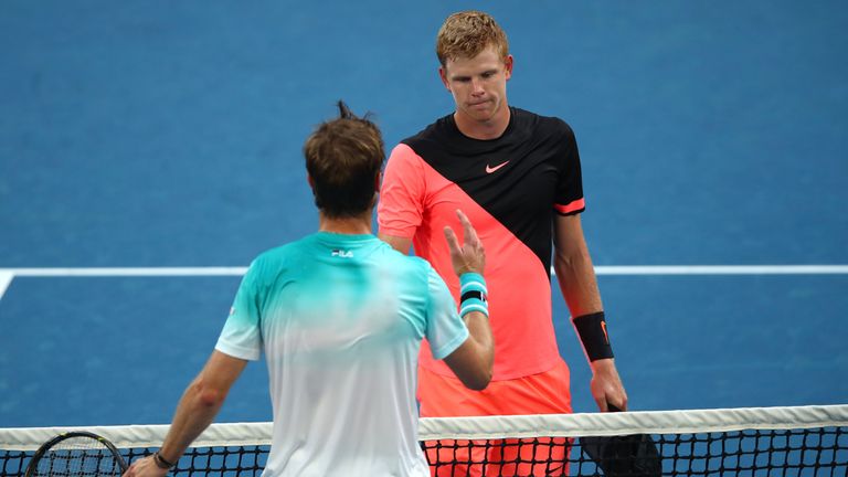 MELBOURNE, AUSTRALIA - JANUARY 21:  Kyle Edmund of Great Britain is congratulated by Andreas Seppi of Italy after their fourth round match on day seven of 