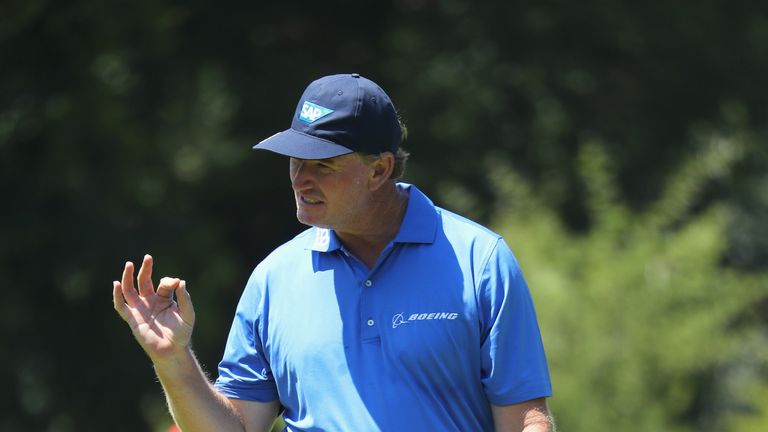 JOHANNESBURG, SOUTH AFRICA - JANUARY 13:  Ernie Els of South Africa reacts on the 5th hole during day three of the BMW South African Open Championship at G