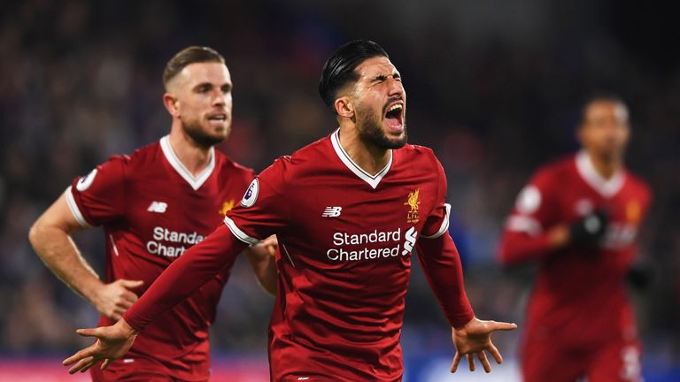 Emre Can celebrates after he scores for Liverpool