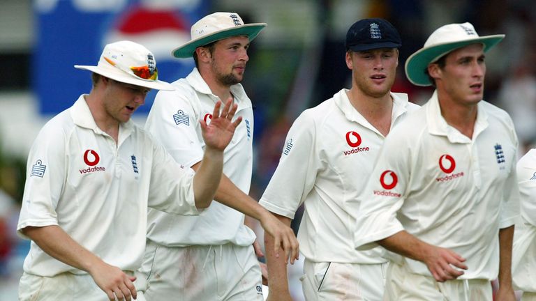 PORT OF SPAIN, TRINIDAD- MARCH 22:  England's four fast bowlers: Matthew Hoggard, Steve Harmison, Andrew Flintoff, and Simon Jones walking off after bowlin