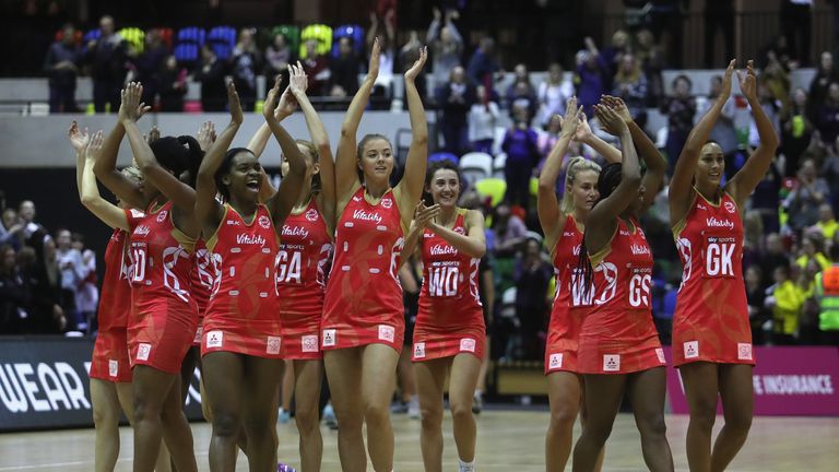 LONDON, ENGLAND - JANUARY 20:  England players celebrate their victory over New Zealand with the crowd during the Netball Quad Series: Vitality Netball Int