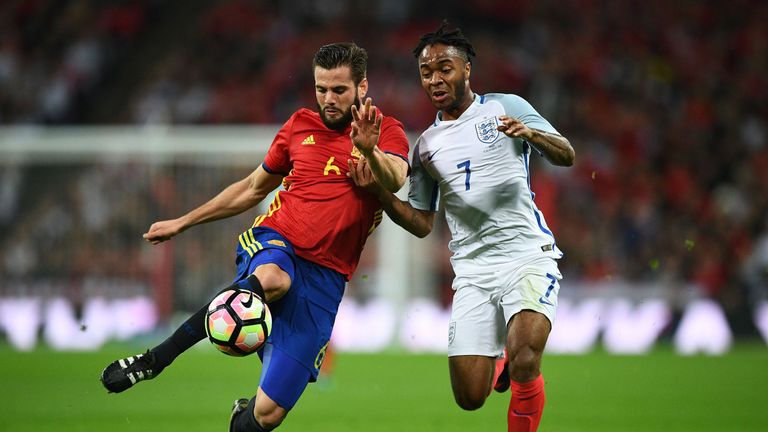 Nacho and Raheem Sterling in action during the international friendly match between England and Spain at Wembley Stadium on November 15, 2016