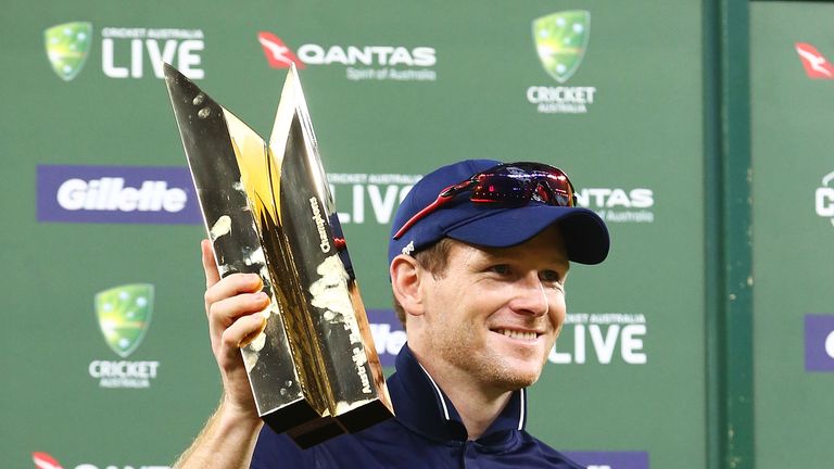 PERTH, AUSTRALIA - JANUARY 28: England captain Eoin Morgan holds the series trophy after winning game five of the One Day International match between Austr