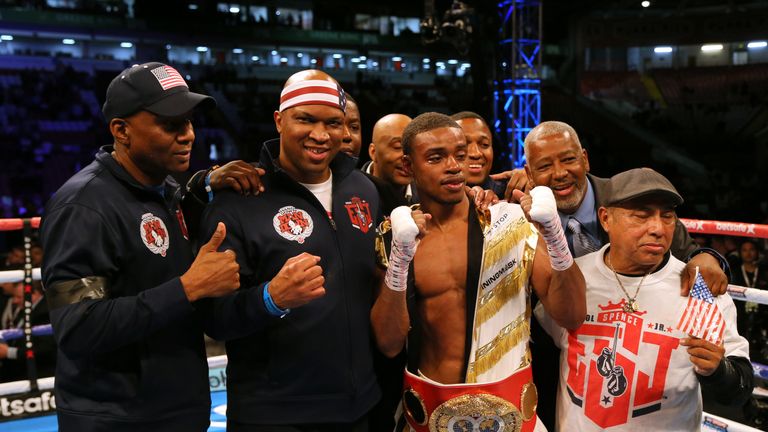 Errol Spence Jrcelebrates after beating Kell Brook during their IBF Welterweight World Championship bout at Bramall Lane, Sheffield.