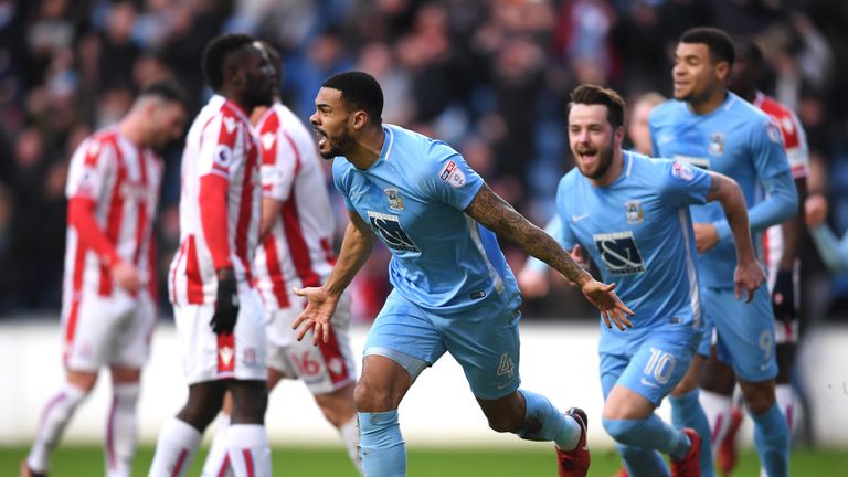 Jordan Willis of Coventry City celebrates after scoring his side's first goal during The Emirates FA Cup Third Round match v Stoke City