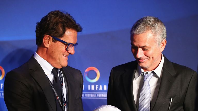 LONDON, ENGLAND - FEBRUARY 01: Fabio Capello (L) gives a football to former Chelsea manager Jose Mourinho after a press conference by FIFA Presidential can