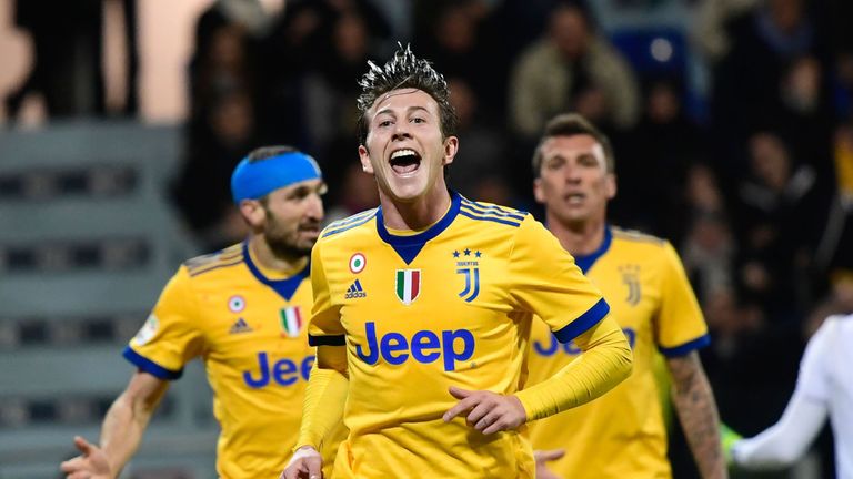 Juventu's Italian forward Federico Bernardeschi celebrates after scoring during the Italian Serie A football match Cagliari Calcio vs Juventus at the Sarde