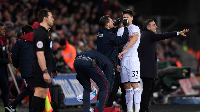 SWANSEA, WALES - JANUARY 22:  Federico Fernandez of Swansea City is attended to by a physiotherapist during the Premier League match between Swansea City a