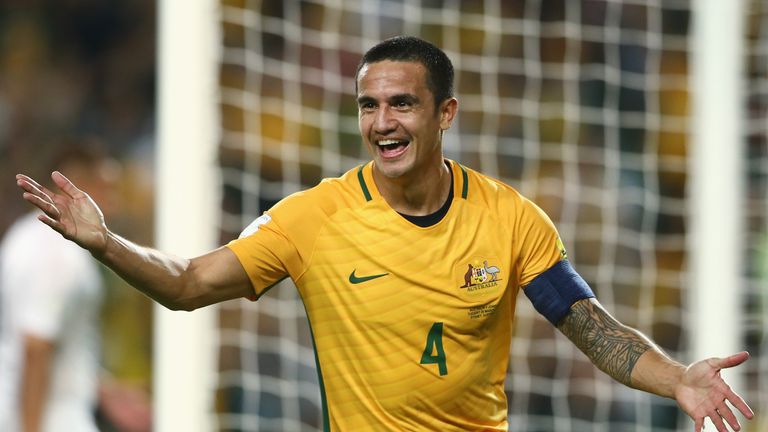 SYDNEY, AUSTRALIA - MARCH 29:  Tim Cahill of Australia celebrates scoring a goal during the 2018 FIFA World Cup Qualification match between the Australian 
