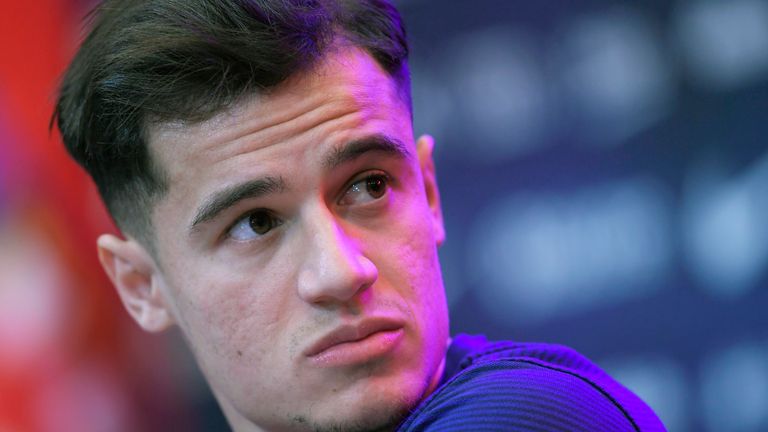 Barcelona's new signing Philippe Coutinho during a press conference at Nou Camp Stadium