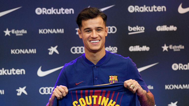 New Barcelona signing Philippe Coutinho poses for a photograph with his new shirt during a presentation at the Nou Camp
