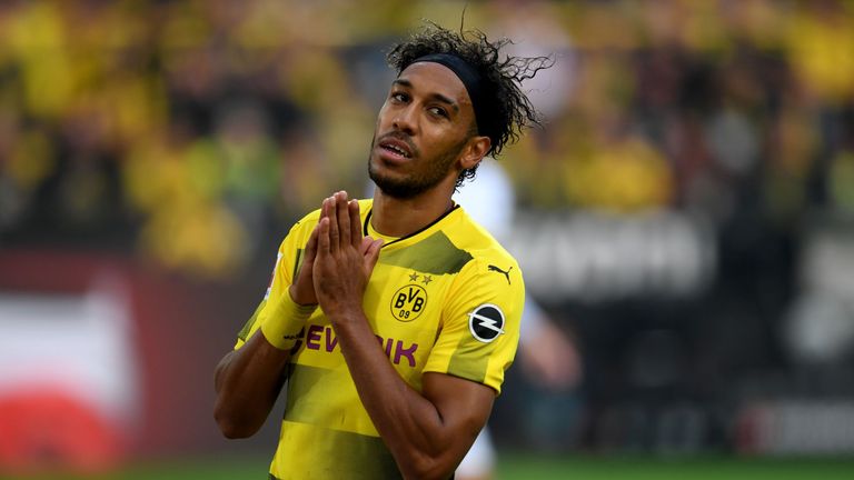 Dortmund's Pierre-Emerick Aubameyang reacts during the German First division Bundesliga football match Borussia Dortmund vs Monchengladbach, September 2017