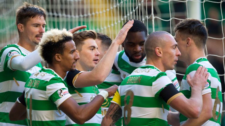 Celtic's James Forrest (centre) celebrates his goal with his team-mates
