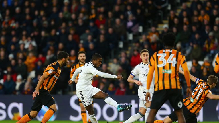 Fulham's Ryan Sessegnon has a shot on goal blocked by Hull City captain Michael Dawson during the Sky Bet Championship match at the at KCOM Stadium