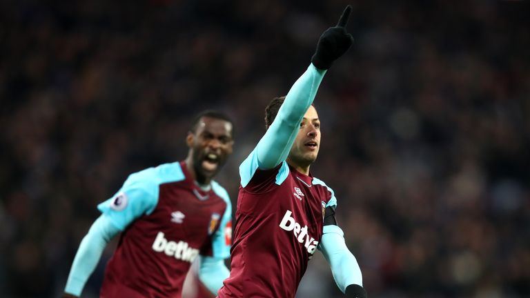 LONDON, ENGLAND - JANUARY 20:  Javier Hernandez of West Ham United celebrates after scoring his sids first goal during the Premier League match between Wes