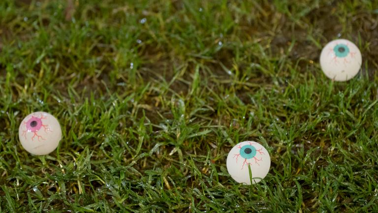 Fake eyes were thrown on the pitch by Falkirk fans to taunt Dunfermline's Dean Shiels