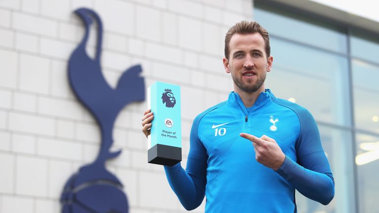 Harry Kane of Tottenham Hotspur poses for the camera as he is awarded with the EA SPORTS Player of the Month for December