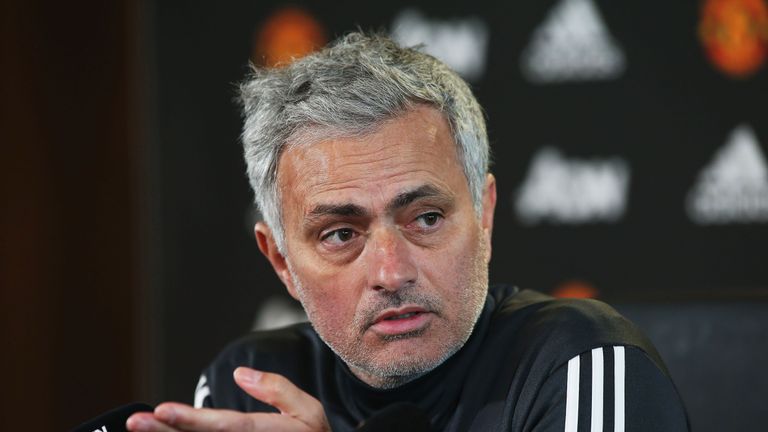 Jose Mourinho speaks during a press conference at Manchester United's Aon Training Complex on January 29, 2018