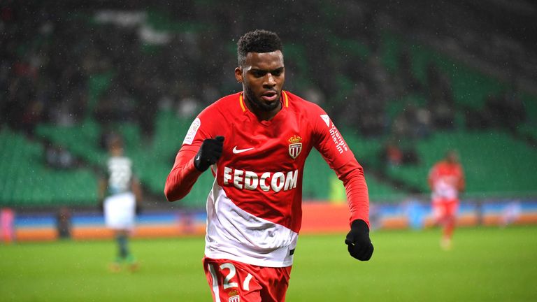 Thomas Lemar celebrates after scoring during the French Ligue 1 match between Saint-Etienne and Monaco