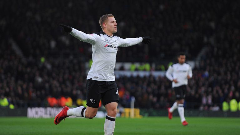 Matej Vydra celebrates after scoring a penalty during the Sky Bet Championship match between Derby County and Sheffield United