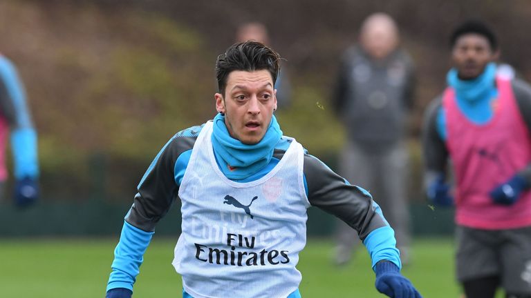 Mesut Ozil in action during a training session at London Colney on January 23, 2018