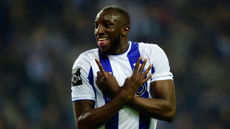 Porto's Malian forward Moussa Marega celebrates after scoring a goal  during the Portuguese league football match between FC Porto and CD Tondela at the Dr