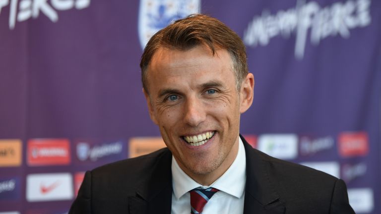 Head Coach of England Women, Phil Neville speaks during a  England Women's Press Conference at St Georges Park