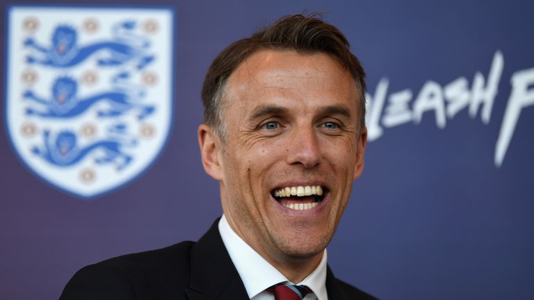 Head Coach of England Women, Phil Neville speaks during a England Women's Press Conference at St Georges Park