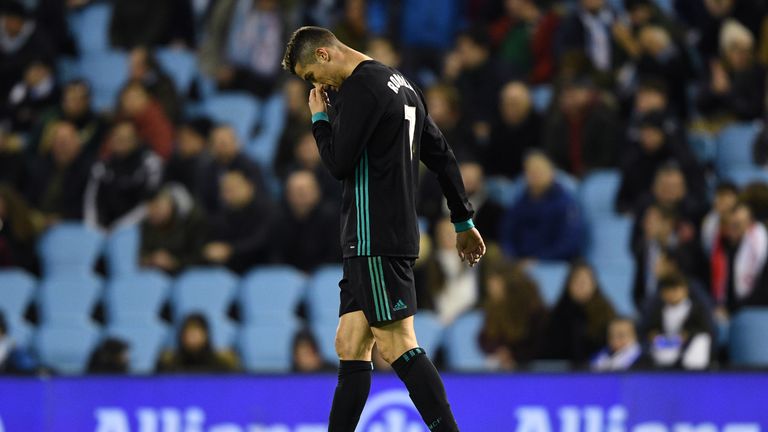 Cristiano Ronaldo reacts during the La Liga match between Celta Vigo and Real Madrid