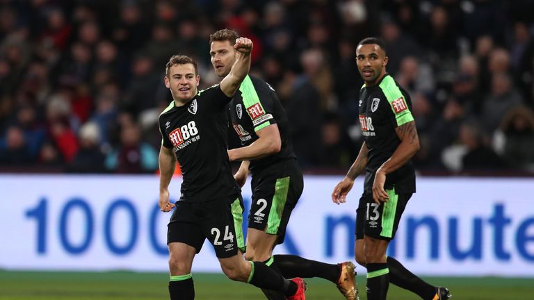 Ryan Fraser of AFC Bournemouth celebrates after scoring his side's first goal during the Premier League match at West Ham
