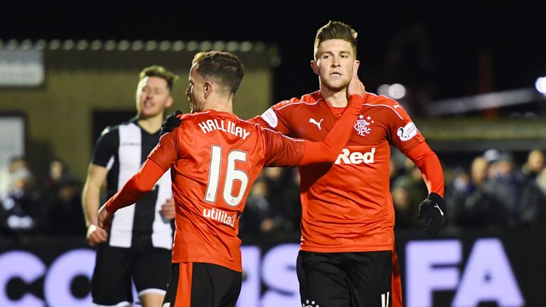 Rangers' Josh Windass (R) celebrates his goal with teammate Andy Halliday