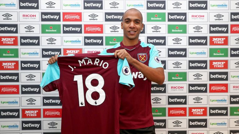 Joao Mario poses with a West Ham United shirt after signing for the club on loan from Inter Milan