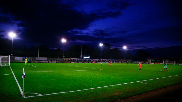 A general view of the play during the EFL (English Football League) Cup football match between Forest Green Rovers and MK Dons at The New Lawn stadium