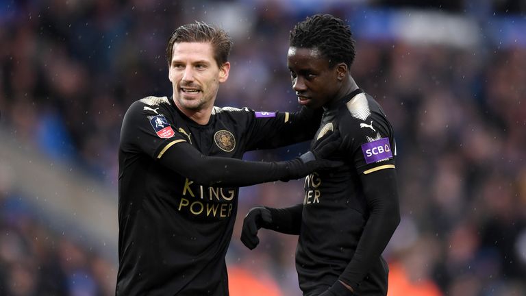 PETERBOROUGH, ENGLAND - JANUARY 27:  Fousseni Diabate of Leicester City celebrates scoring his side's fourth goal with Adrien Silva during The Emirates FA 