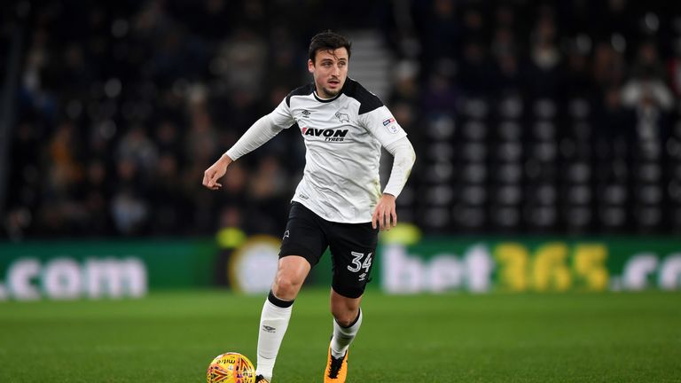 DERBY, ENGLAND - NOVEMBER 28:  George Thorne of Derby during the Sky Bet Championship match between Derby County and Ipswich Town at iPro Stadium on Novemb