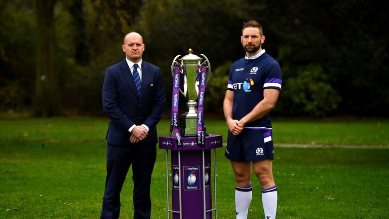 Gregor Townsend head coach of Scotland and John Barclay of Scotland pose with the trophy during the 6 Nations Launch event