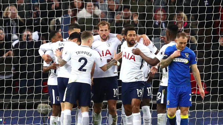 Harry Kane of Tottenham Hotspur celebrates scoring his side's first goal with team-mates during The Emirates FA Cup Third Round tie v AFC Wimbledon