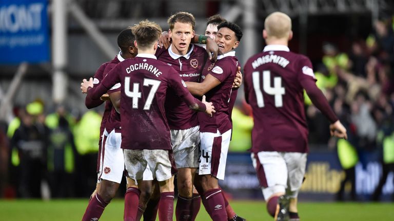 Hearts players celebrate Don Cowie's late winner at Tynecastle