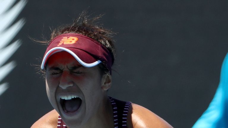 Heather Watson of Great Britain celebrates her win over Donna Vekic of Croatia at the 2018 Hobart International