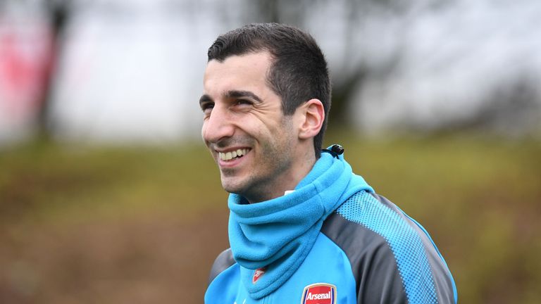 Henrikh Mkhitaryan in goods spirits during his first training session as an Arsenal player since joining from Manchester United