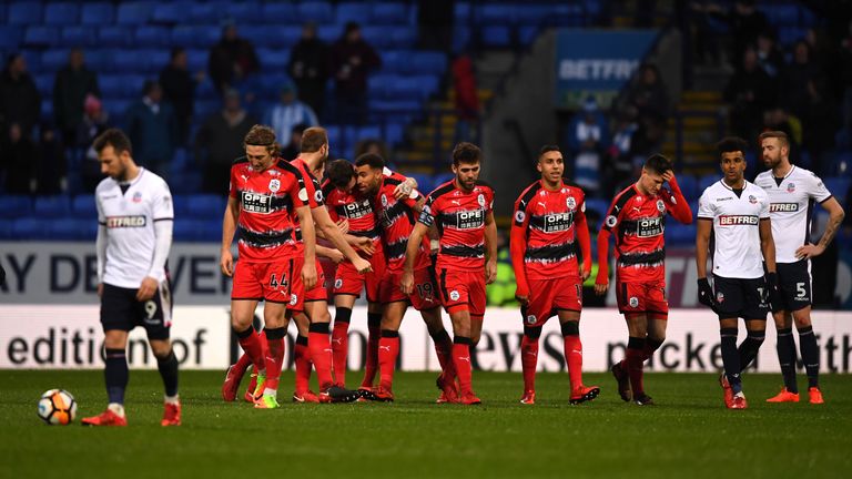 Danny Williams celebrates scoring Huddersfield's second goal at Bolton