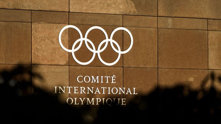 The logo of the International Olympic Committee (IOC) is pictured at its headquarters in Pully, near Lausanne, prior to an executive meeting on December 5,