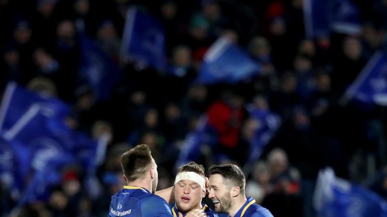 Leinster's Jack Conan and Barry Daly celebrate with Andrew Porter after Fergus McFadden scores a try.