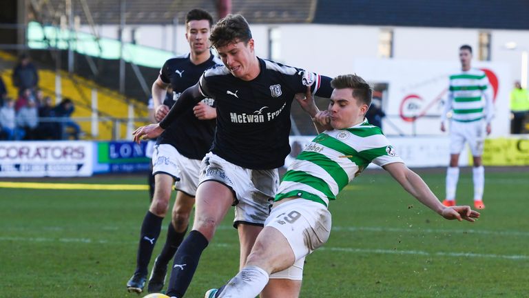 26/12/17 LADBROKES PREMIERSHIP. DUNDEE V CELTIC (0-2). DENS PARK - DUNDEE. Celtic's James Forrest (right) with Jack Hendry