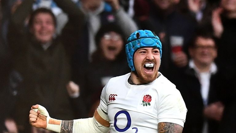 LONDON, ENGLAND - FEBRUARY 26: Jack Nowell of England celebrates scoring a try during the RBS Six Nations match between England and Italy at Twickenham Sta