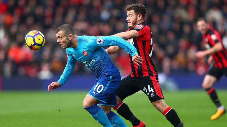 BOURNEMOUTH, ENGLAND - JANUARY 14:  Jack Wilshere of Arsenal and Ryan Fraser of AFC Bournemouth battles for possesion during the Premier League match betwe